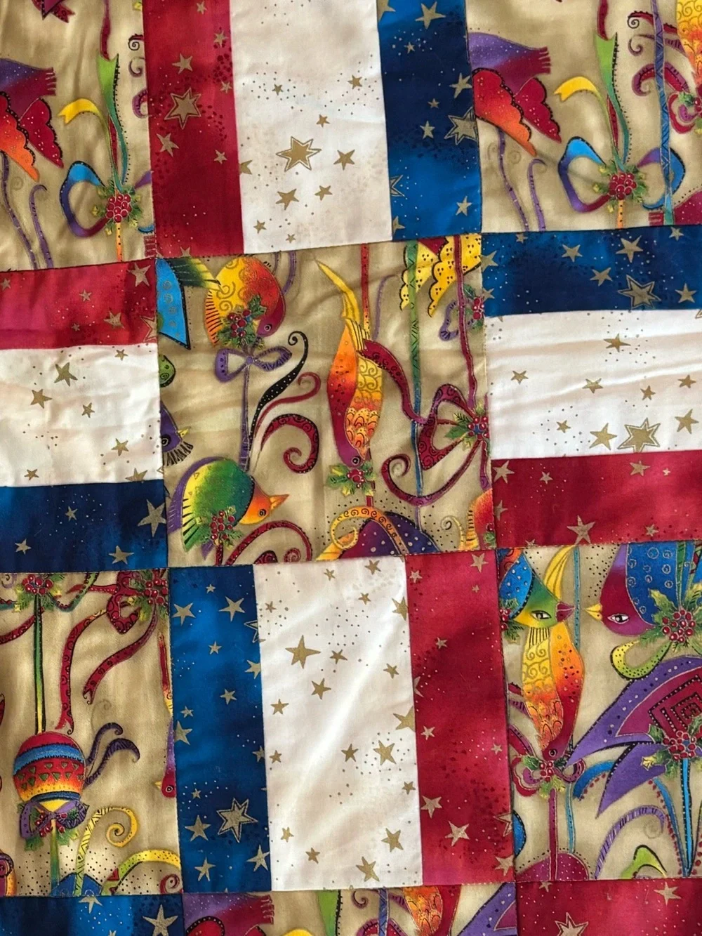 Handmade Laurel Burch Quilt - Patriotic Americana Patchwork Throw 58x58 Cabin